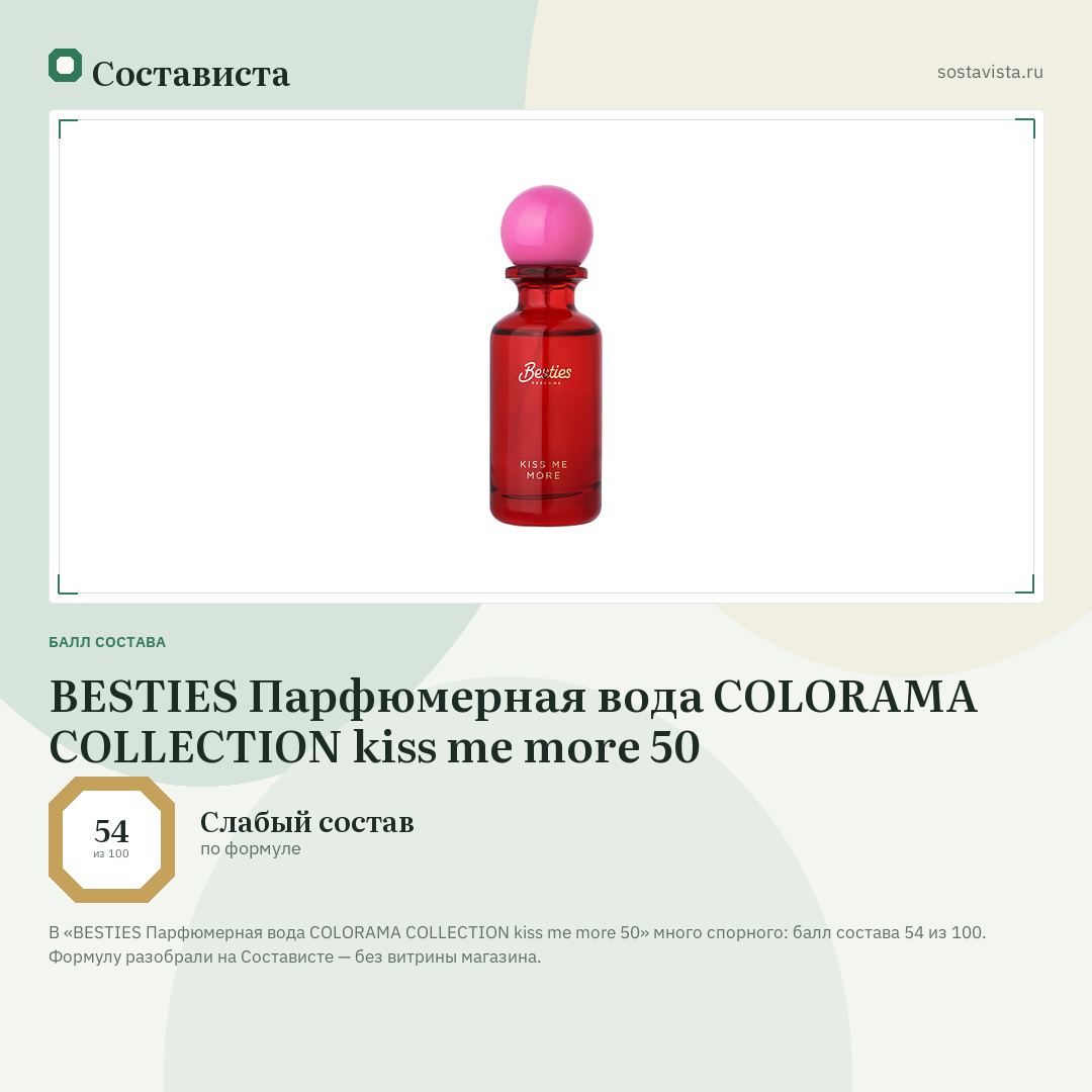 BESTIES Парфюмерная вода COLORAMA COLLECTION kiss me more 50: балл состава 54 из 100 — Состависта