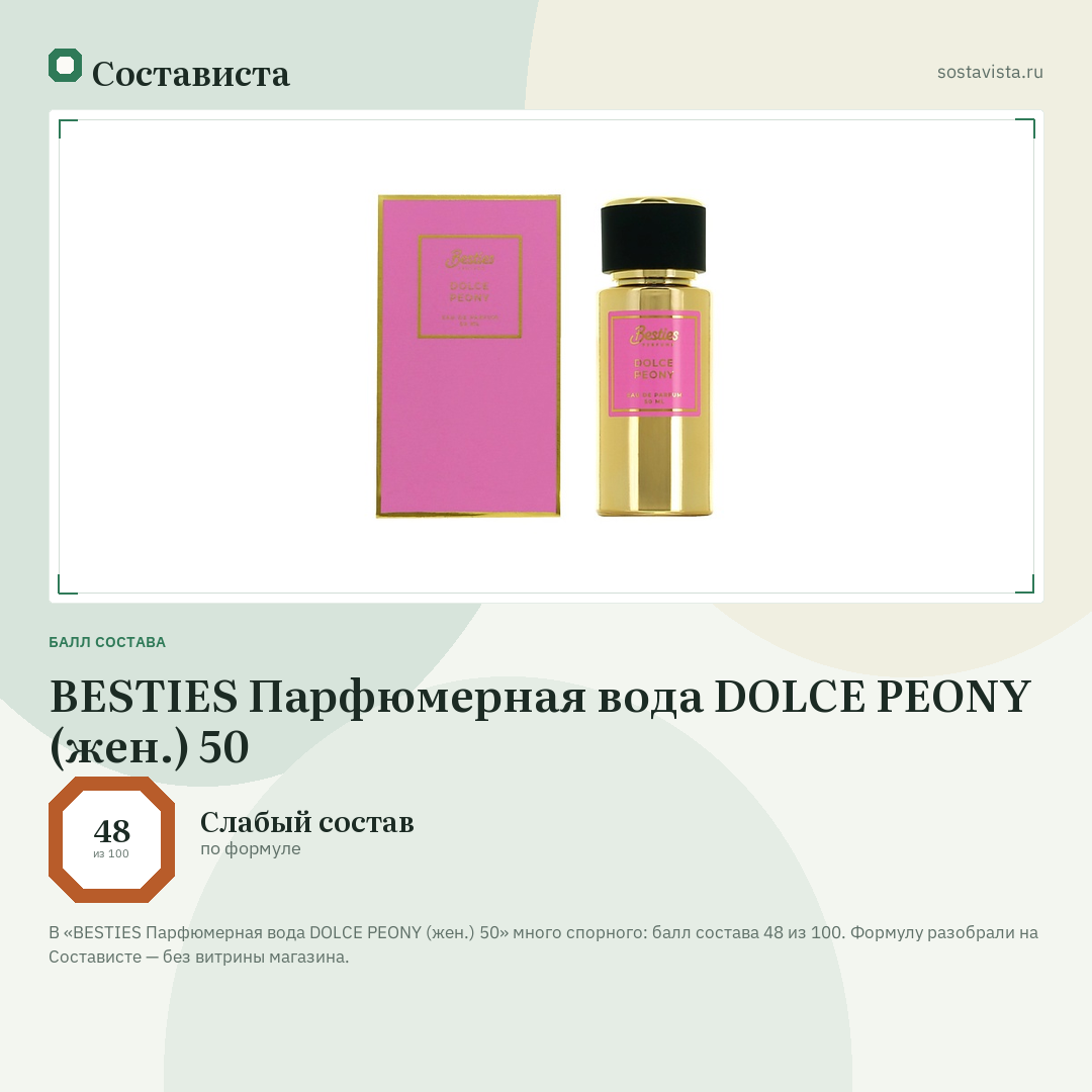 BESTIES Парфюмерная вода DOLCE PEONY (жен.) 50: балл состава 48 из 100 — Состависта