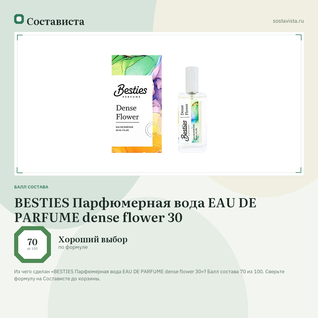 BESTIES Парфюмерная вода EAU DE PARFUME dense flower 30: балл состава 70 из 100 — Состависта