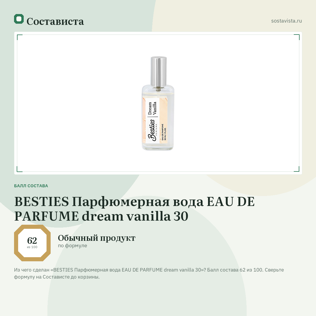 BESTIES Парфюмерная вода EAU DE PARFUME dream vanilla 30: балл состава 62 из 100 — Состависта