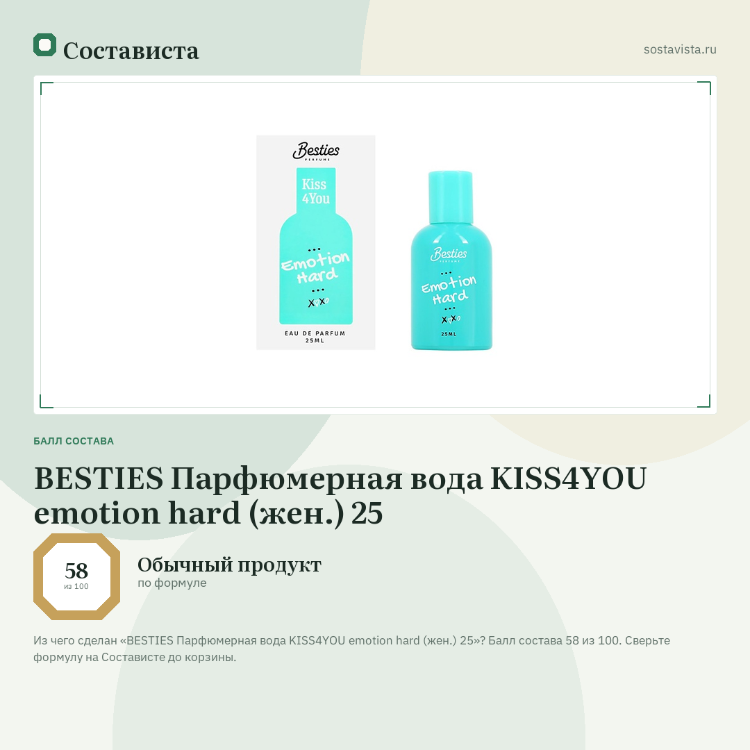 BESTIES Парфюмерная вода KISS4YOU emotion hard (жен.) 25: балл состава 58 из 100 — Состависта