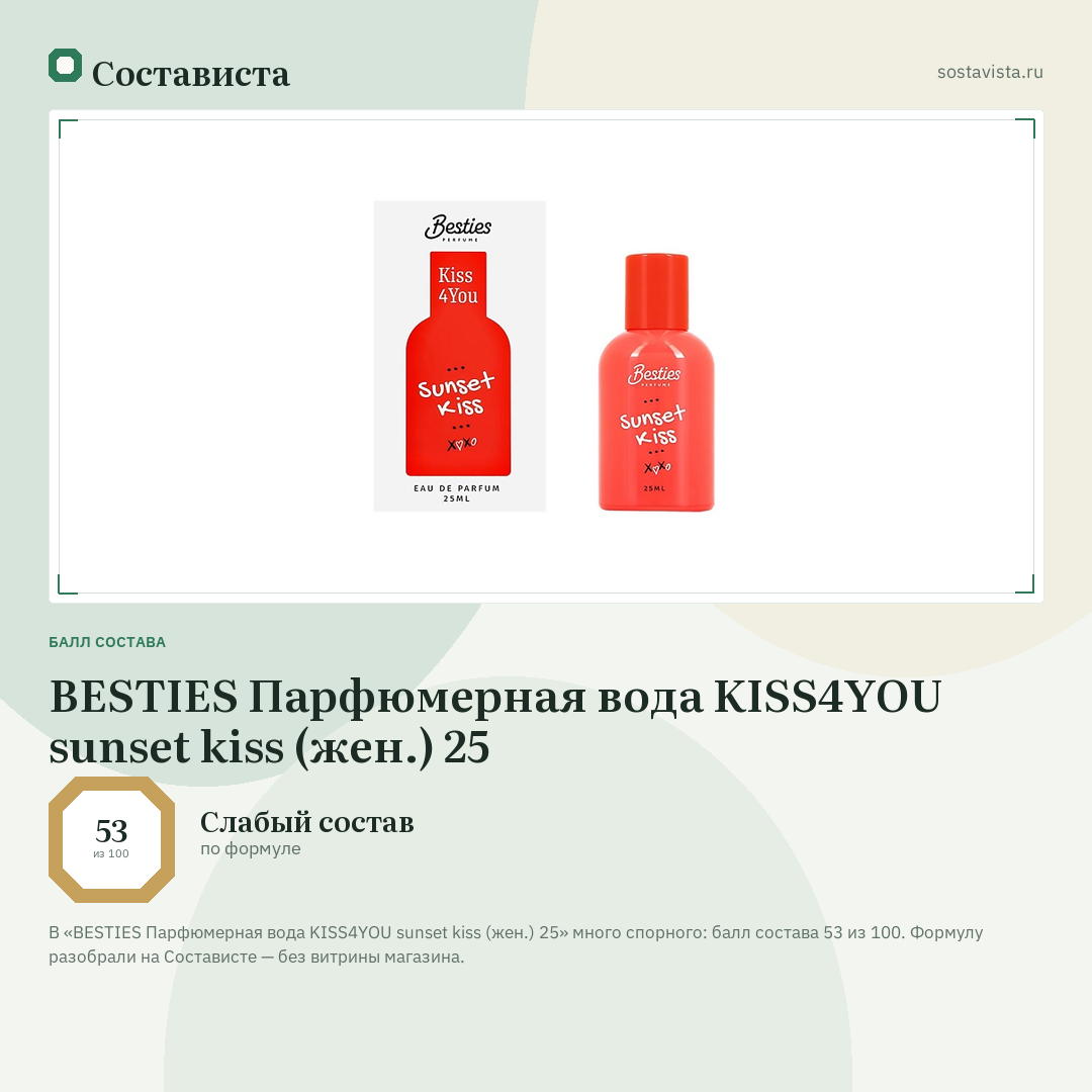 BESTIES Парфюмерная вода KISS4YOU sunset kiss (жен.) 25: балл состава 53 из 100 — Состависта