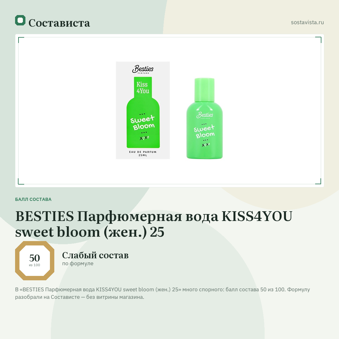 BESTIES Парфюмерная вода KISS4YOU sweet bloom (жен.) 25: балл состава 50 из 100 — Состависта