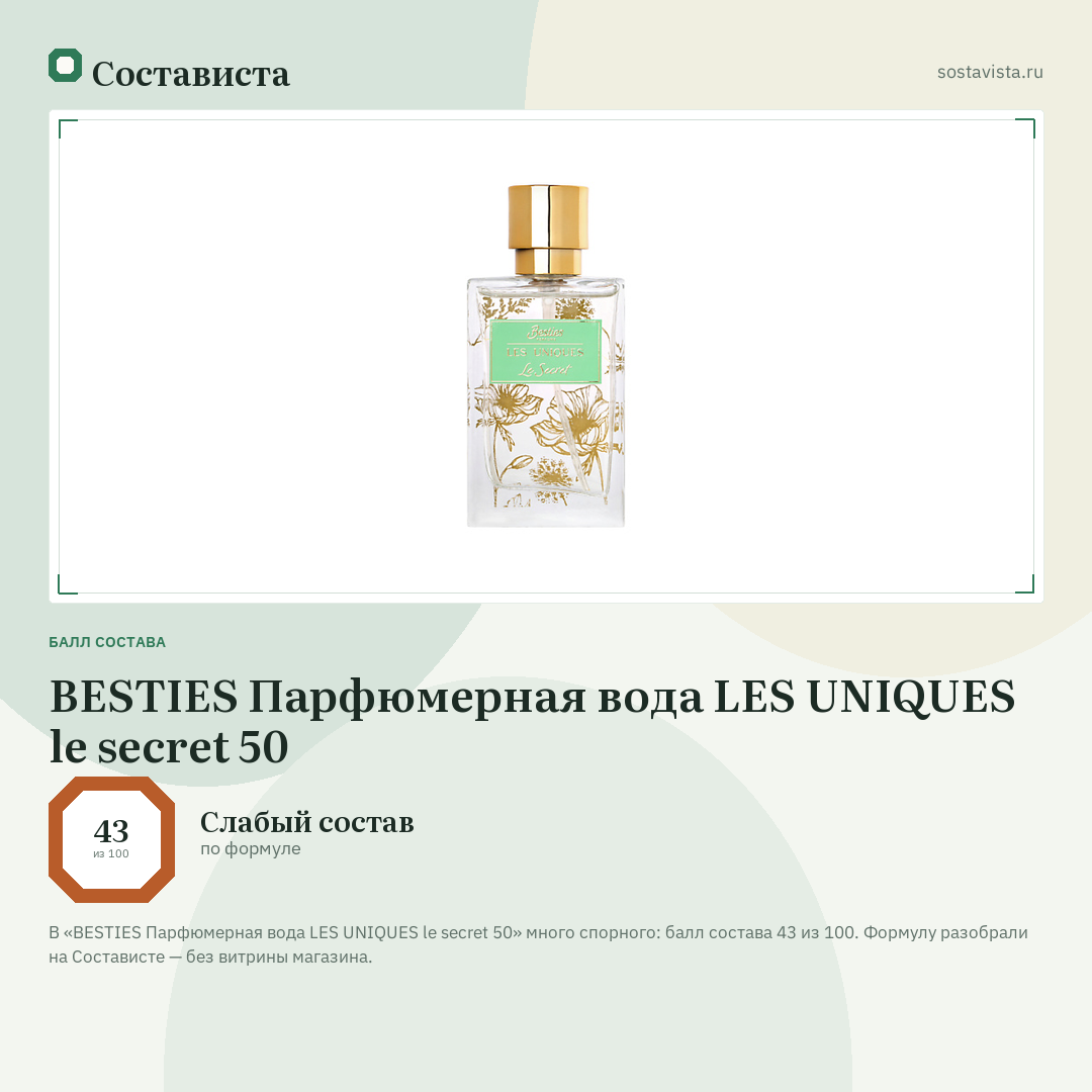 BESTIES Парфюмерная вода LES UNIQUES le secret 50: балл состава 43 из 100 — Состависта