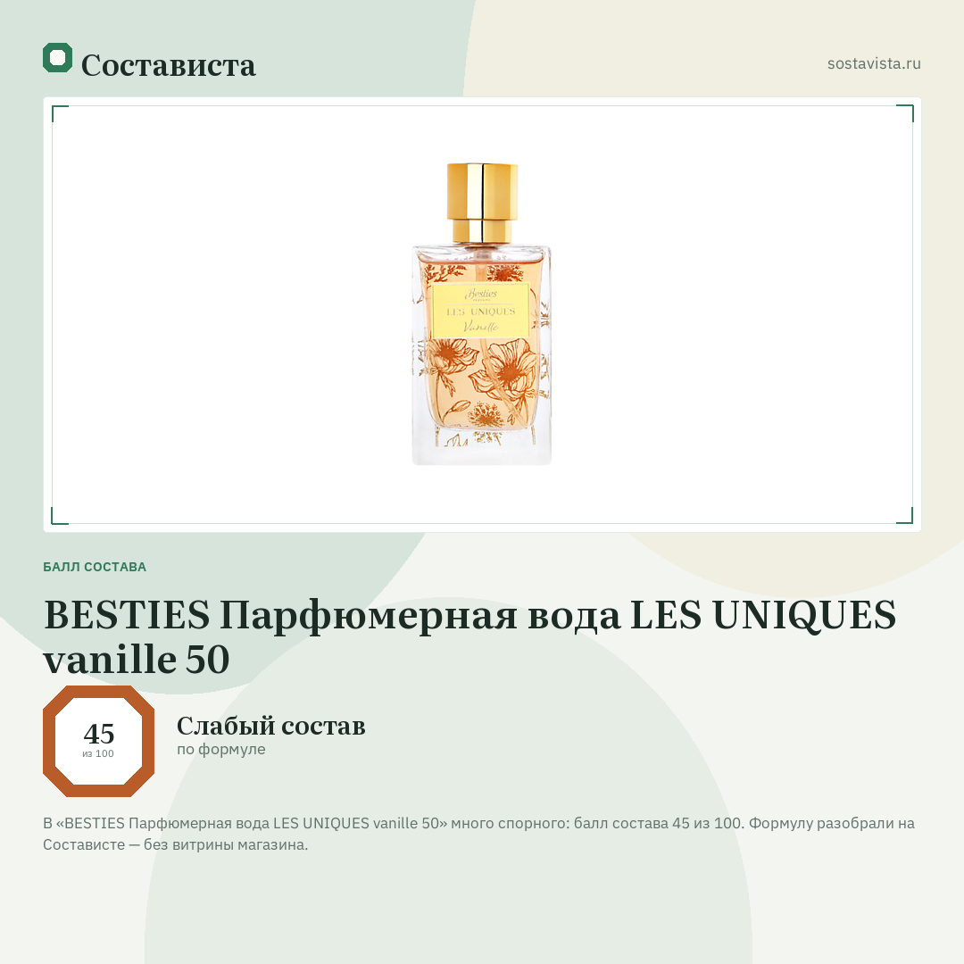 BESTIES Парфюмерная вода LES UNIQUES vanille 50: балл состава 45 из 100 — Состависта