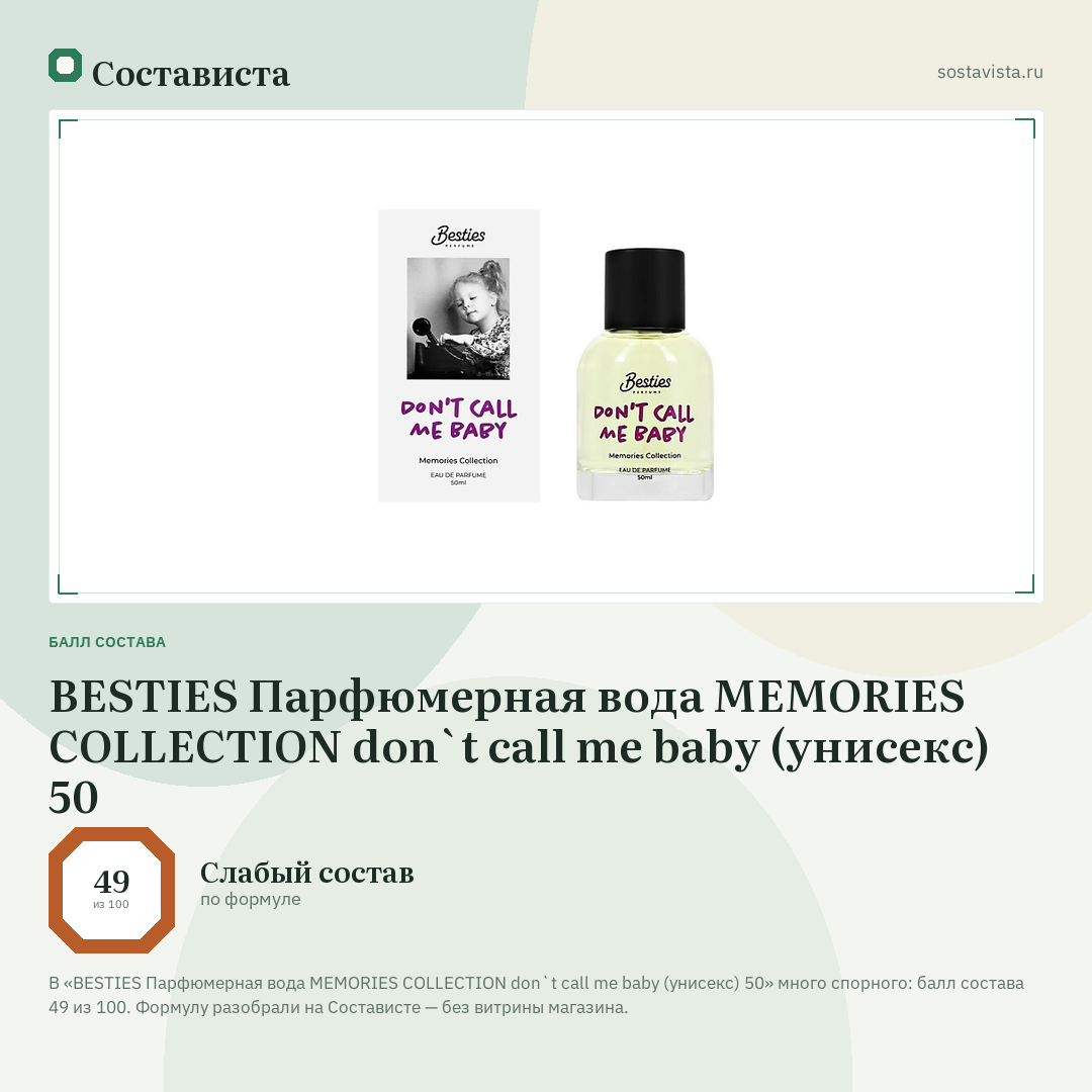 BESTIES Парфюмерная вода MEMORIES COLLECTION don`t call me baby (унисекс) 50: балл состава 49 из 100 — Состависта