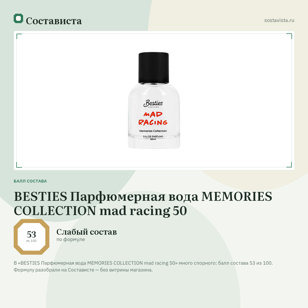 BESTIES Парфюмерная вода MEMORIES COLLECTION mad racing 50: балл состава 53 из 100 — Состависта