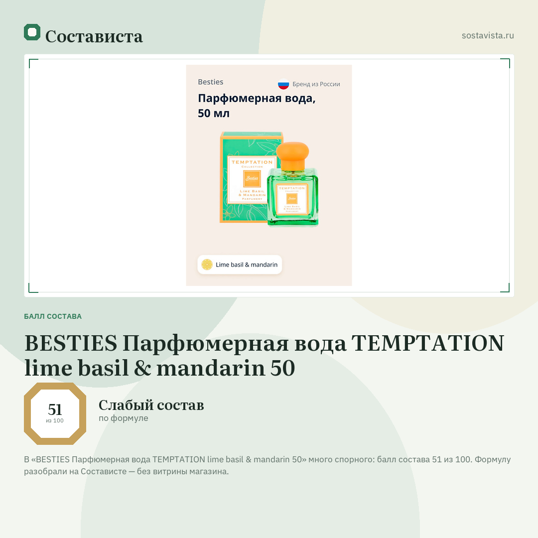 BESTIES Парфюмерная вода TEMPTATION lime basil & mandarin 50: балл состава 51 из 100 — Состависта