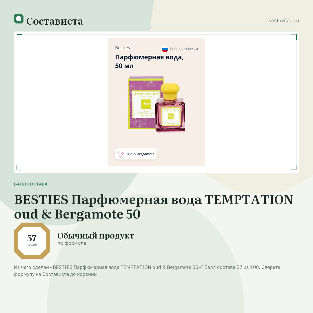 BESTIES Парфюмерная вода TEMPTATION oud & Bergamote 50: балл состава 57 из 100 — Состависта