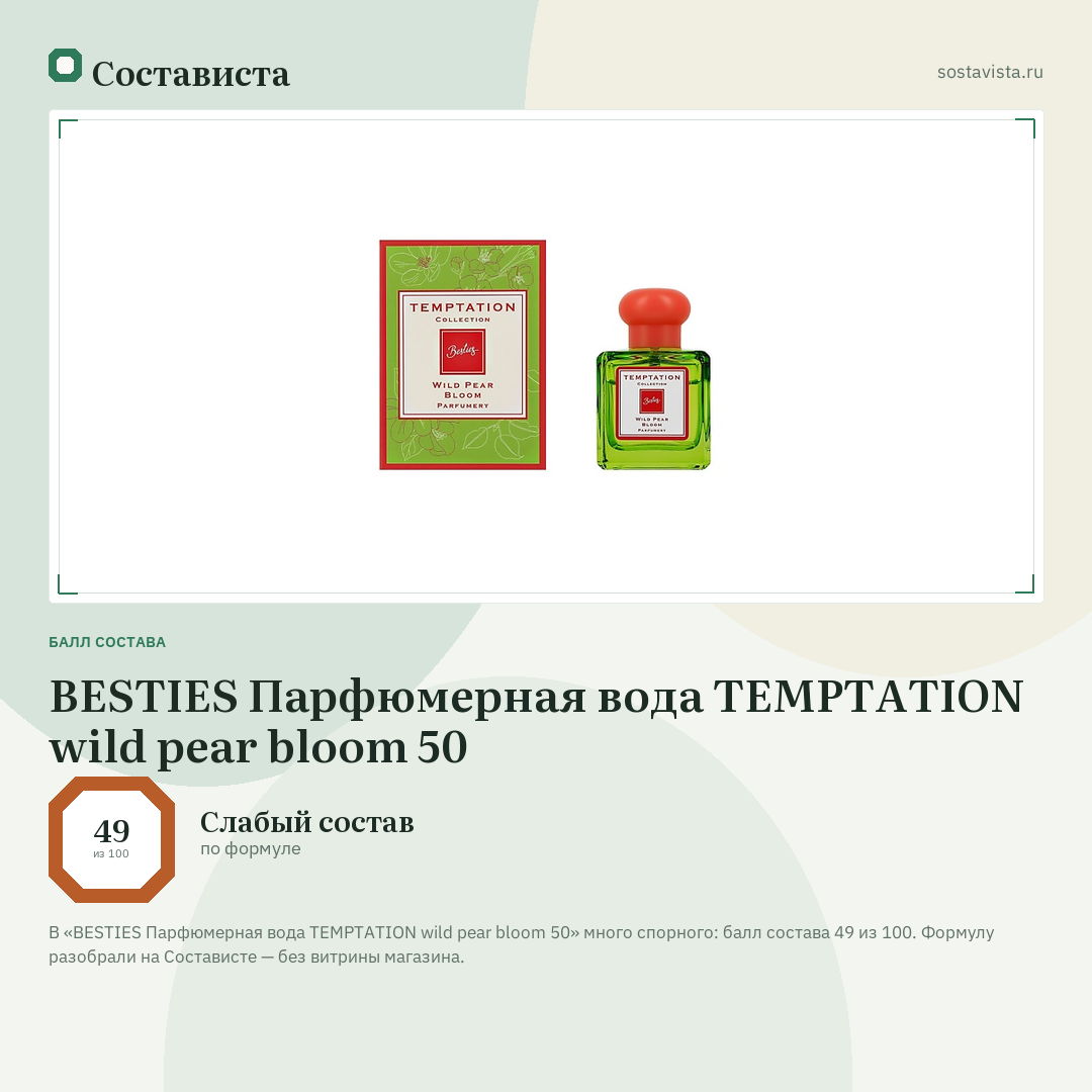 BESTIES Парфюмерная вода TEMPTATION wild pear bloom 50: балл состава 49 из 100 — Состависта