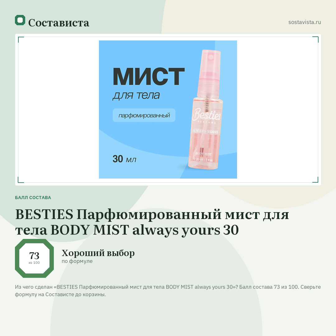 BESTIES Парфюмированный мист для тела BODY MIST always yours 30: балл состава 73 из 100 — Состависта