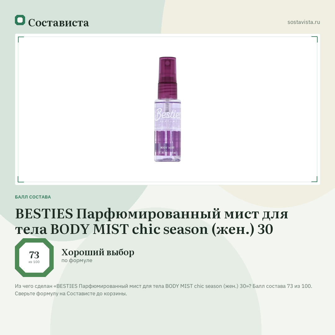 BESTIES Парфюмированный мист для тела BODY MIST chic season (жен.) 30: балл состава 73 из 100 — Состависта
