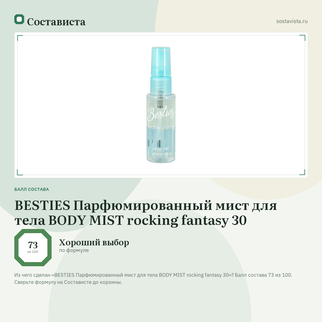 BESTIES Парфюмированный мист для тела BODY MIST rocking fantasy 30: балл состава 73 из 100 — Состависта