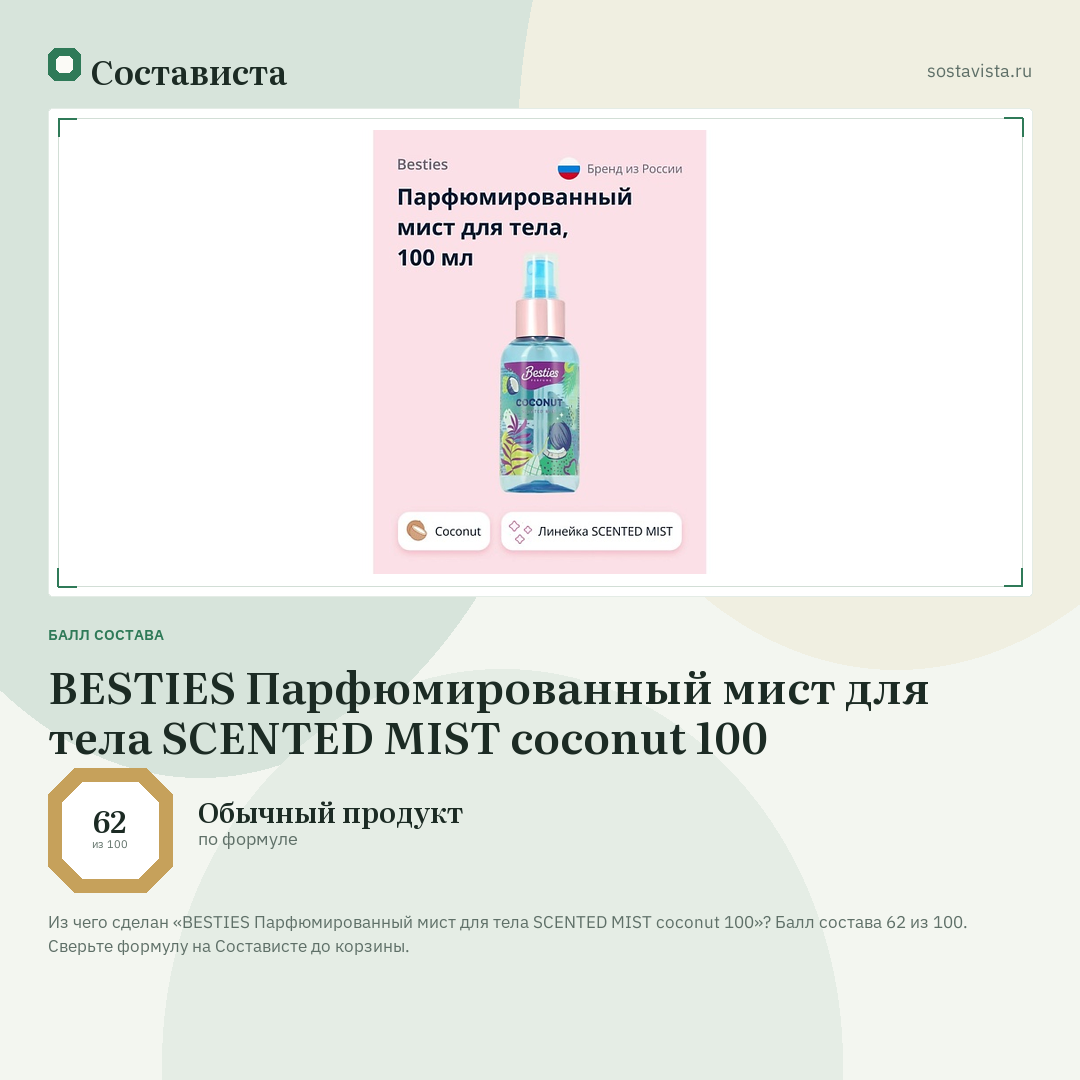 BESTIES Парфюмированный мист для тела SCENTED MIST coconut 100: балл состава 62 из 100 — Состависта