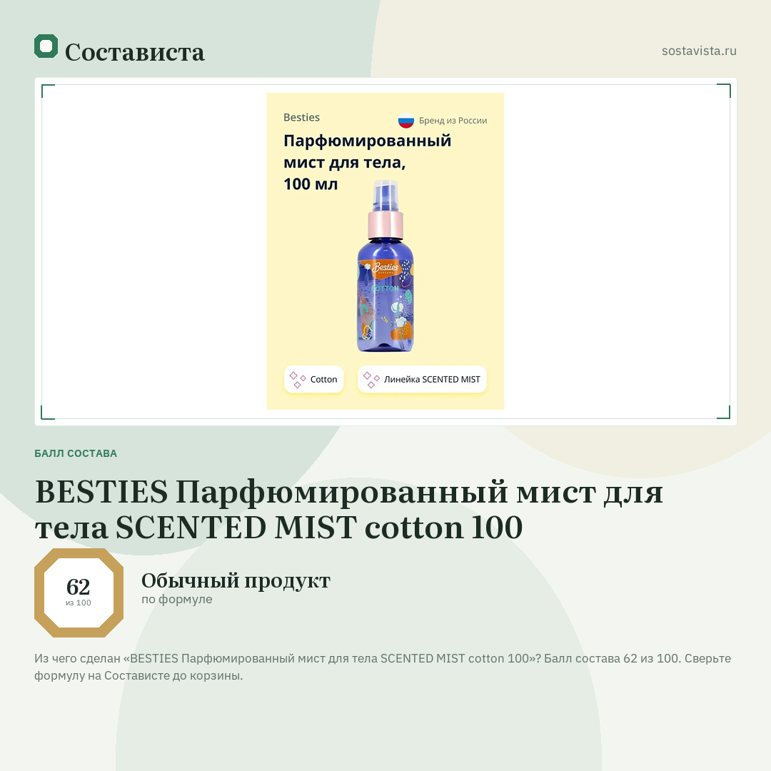 BESTIES Парфюмированный мист для тела SCENTED MIST cotton 100: балл состава 62 из 100 — Состависта