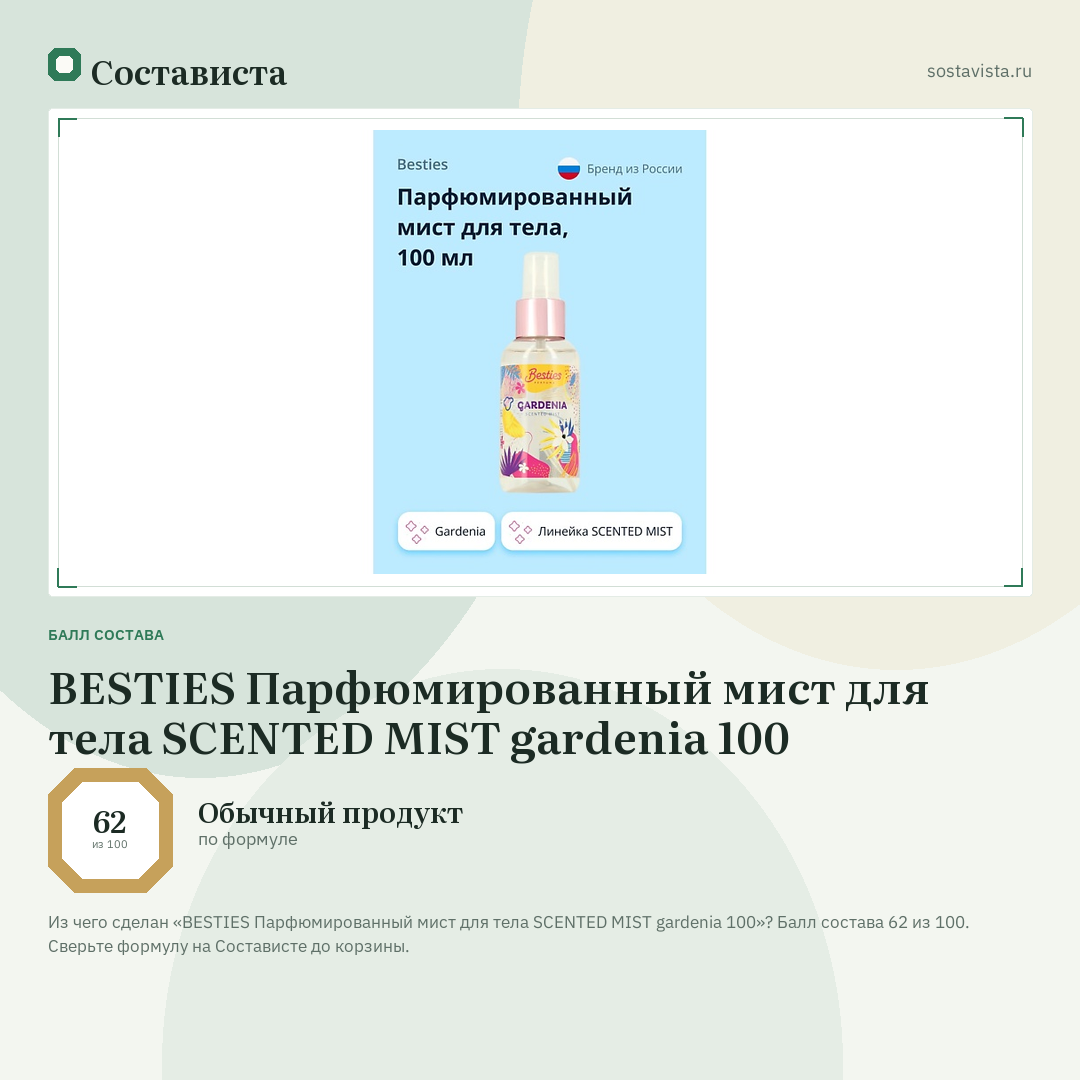 BESTIES Парфюмированный мист для тела SCENTED MIST gardenia 100: балл состава 62 из 100 — Состависта
