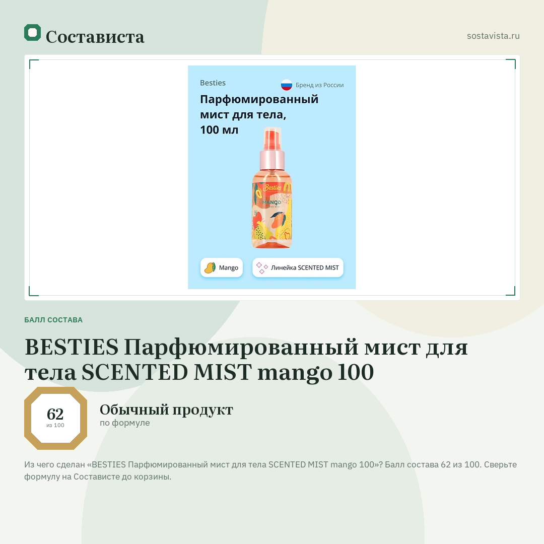 BESTIES Парфюмированный мист для тела SCENTED MIST mango 100: балл состава 62 из 100 — Состависта