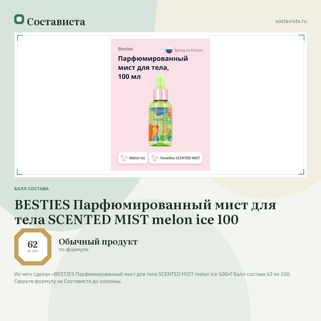 BESTIES Парфюмированный мист для тела SCENTED MIST melon ice 100: балл состава 62 из 100 — Состависта