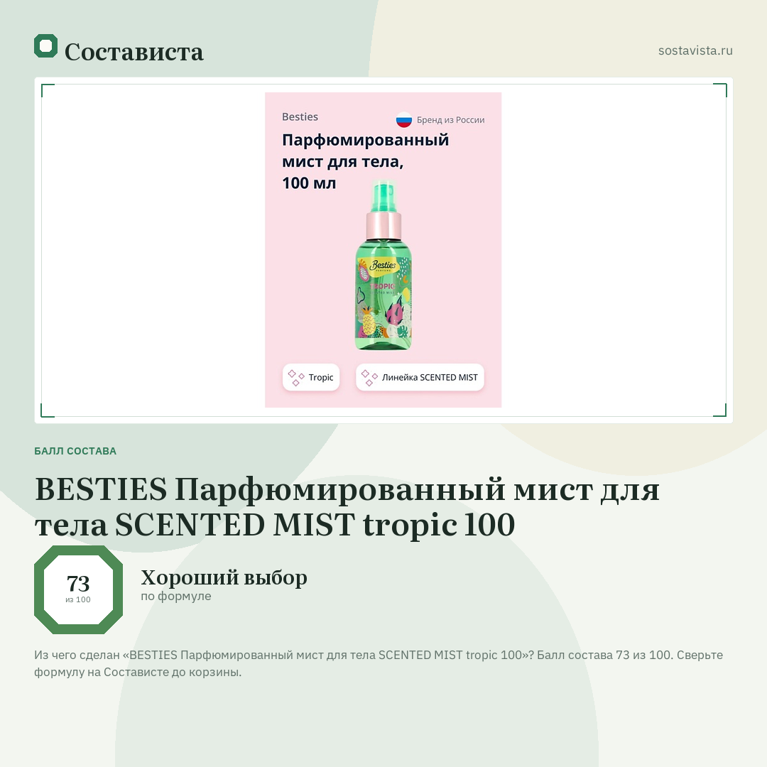 BESTIES Парфюмированный мист для тела SCENTED MIST tropic 100: балл состава 73 из 100 — Состависта