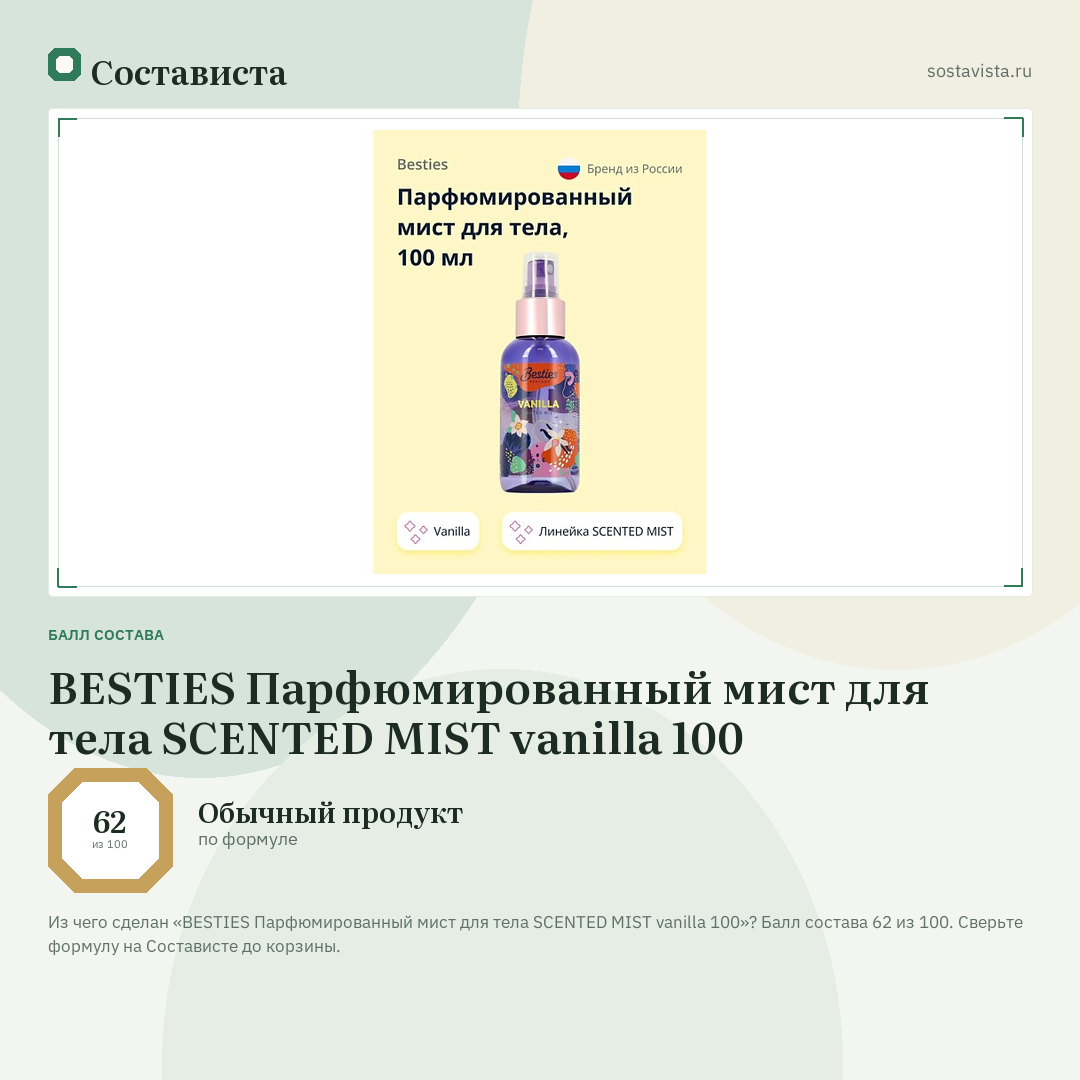 BESTIES Парфюмированный мист для тела SCENTED MIST vanilla 100: балл состава 62 из 100 — Состависта