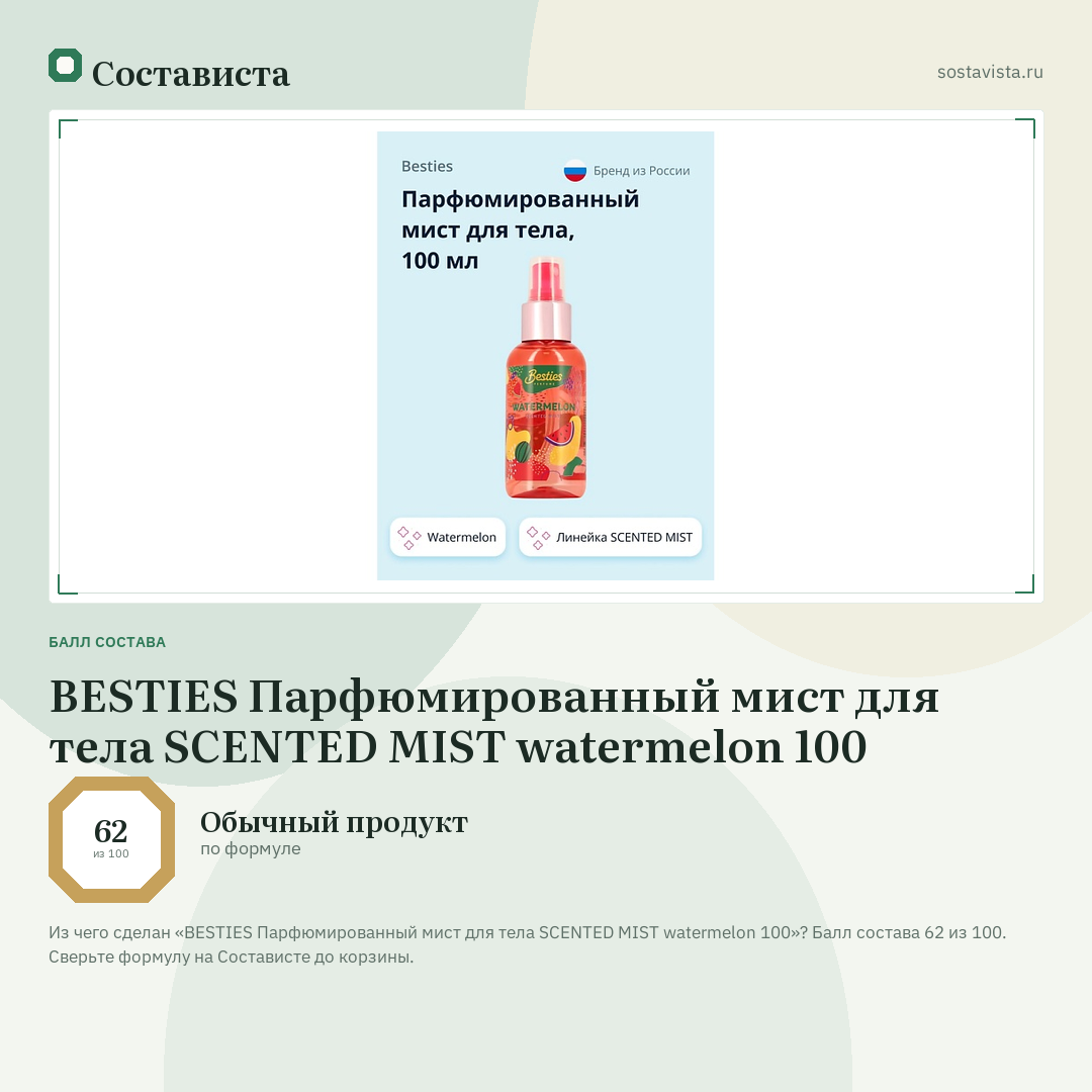 BESTIES Парфюмированный мист для тела SCENTED MIST watermelon 100: балл состава 62 из 100 — Состависта