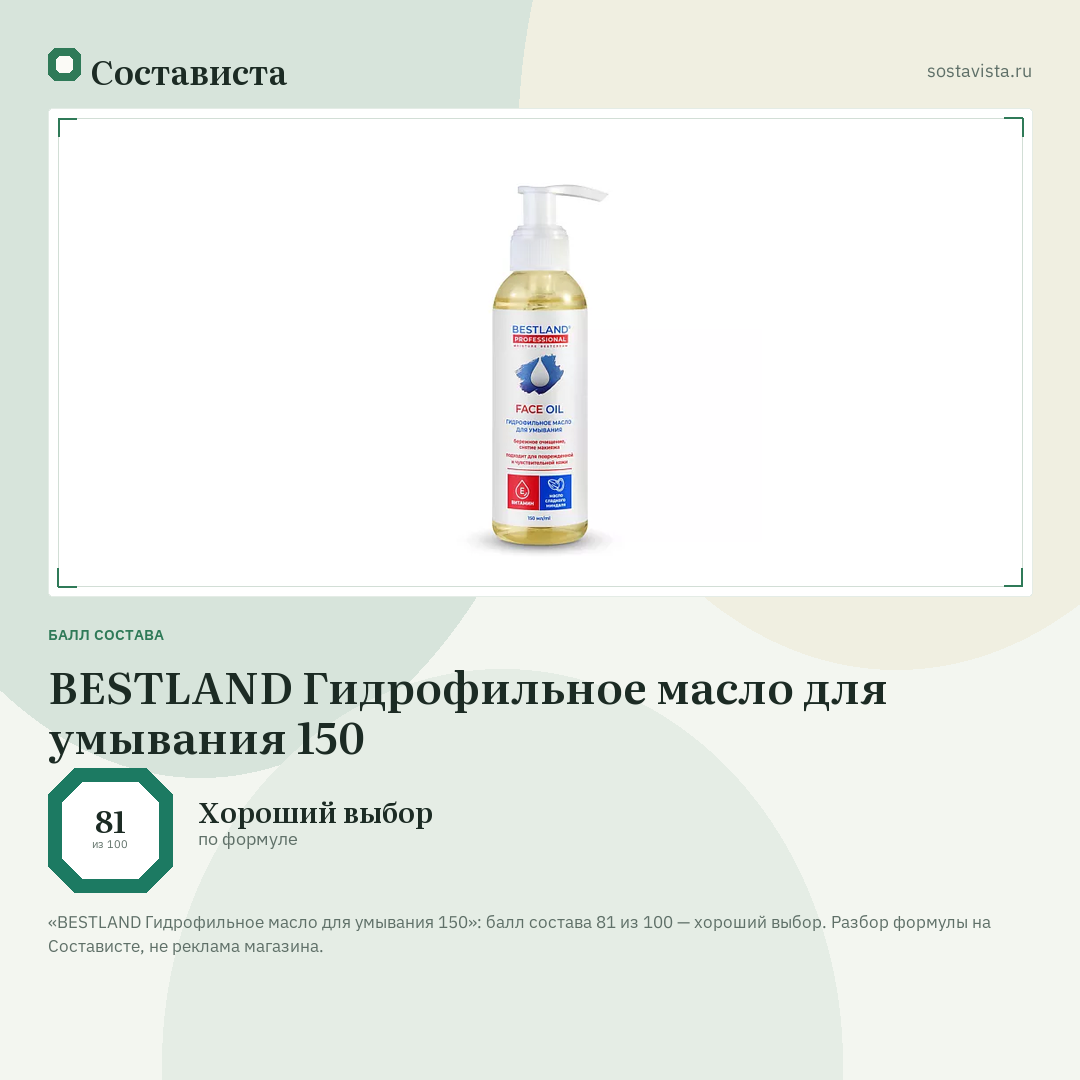 BESTLAND Гидрофильное масло для умывания 150: балл состава 81 из 100 — Состависта