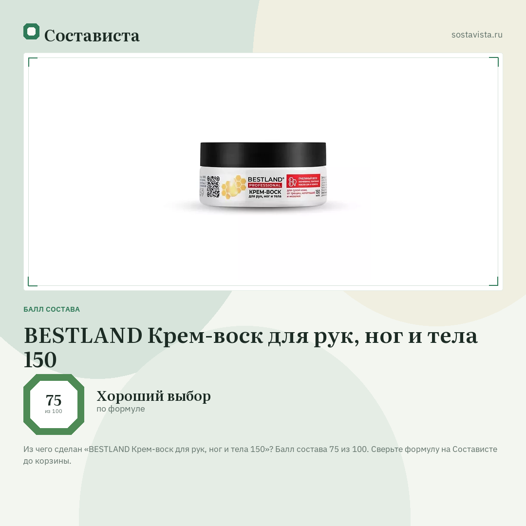 BESTLAND Крем-воск для рук, ног и тела 150: балл состава 75 из 100 — Состависта