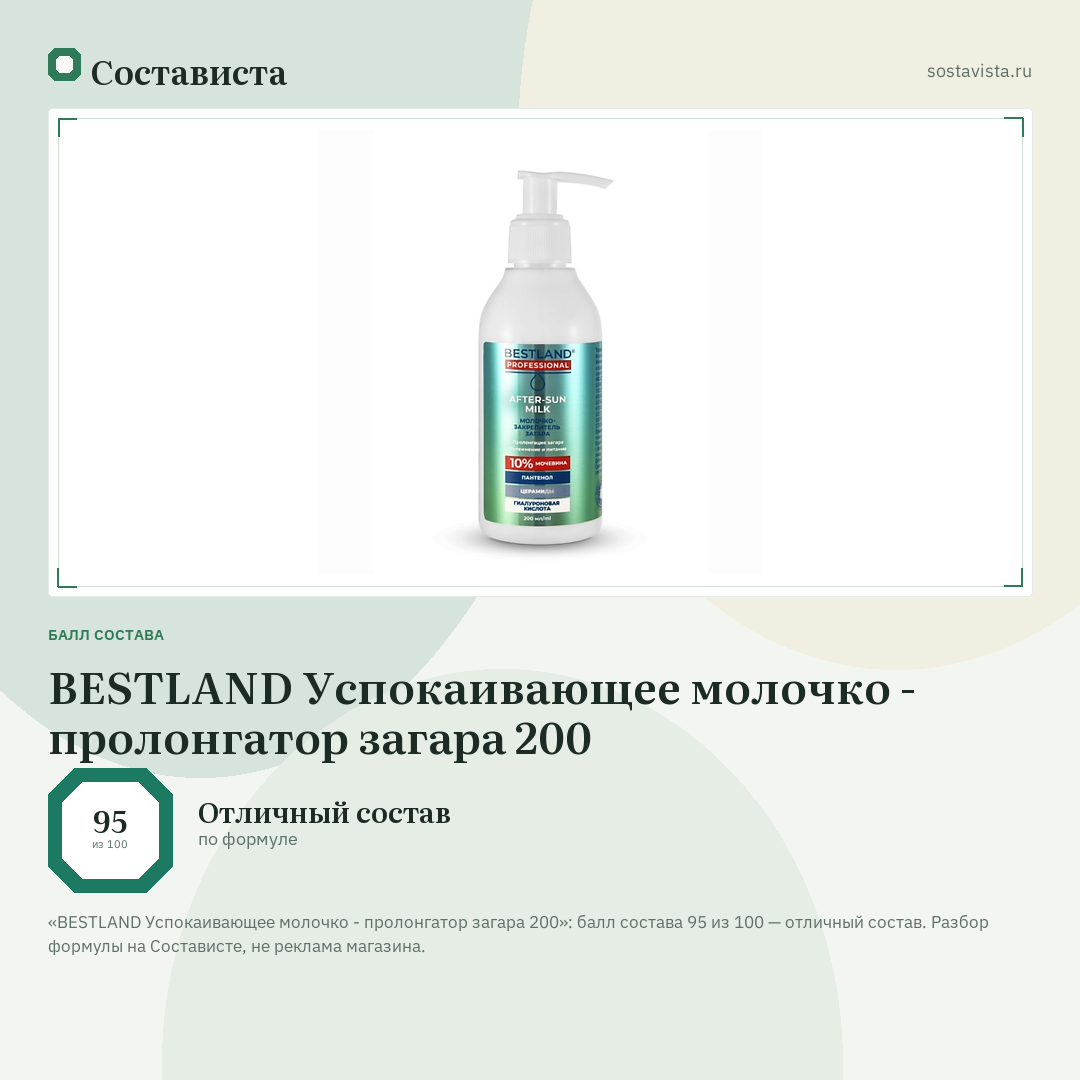 BESTLAND Успокаивающее молочко - пролонгатор загара 200: балл состава 95 из 100 — Состависта