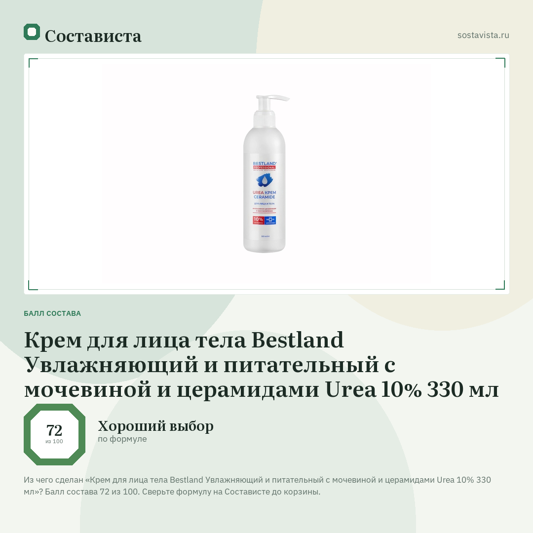 Крем для лица тела Bestland Увлажняющий и питательный с мочевиной и церамидами Urea 10% 330 мл: балл состава 72 из 100 — Состависта