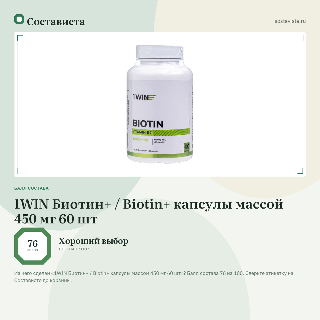 1WIN Биотин+ / Biotin+ капсулы массой 450 мг 60 шт: балл состава 76 из 100 — Состависта