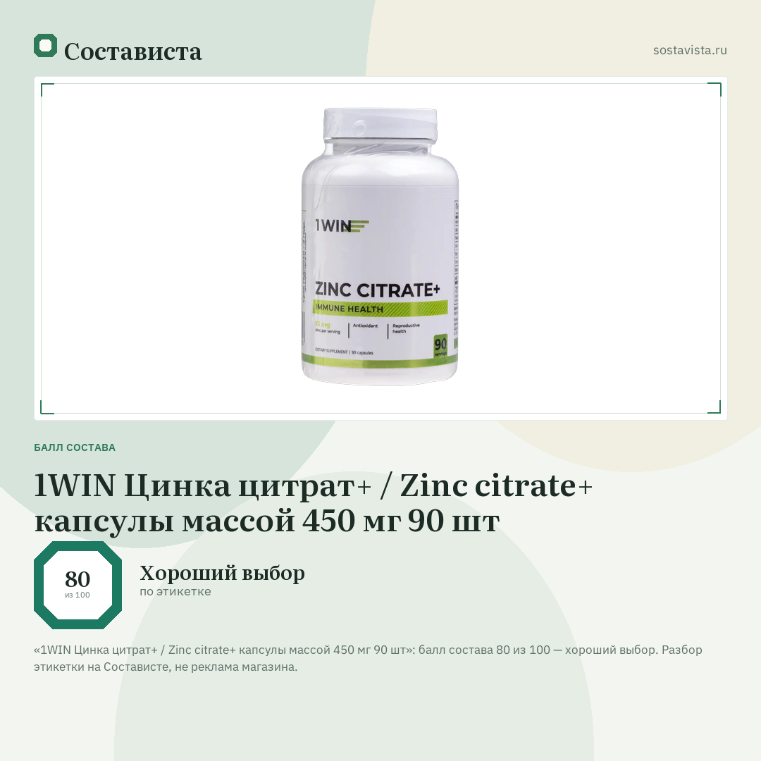 1WIN Цинка цитрат+ / Zinc citrate+ капсулы массой 450 мг 90 шт: балл состава 80 из 100 — Состависта