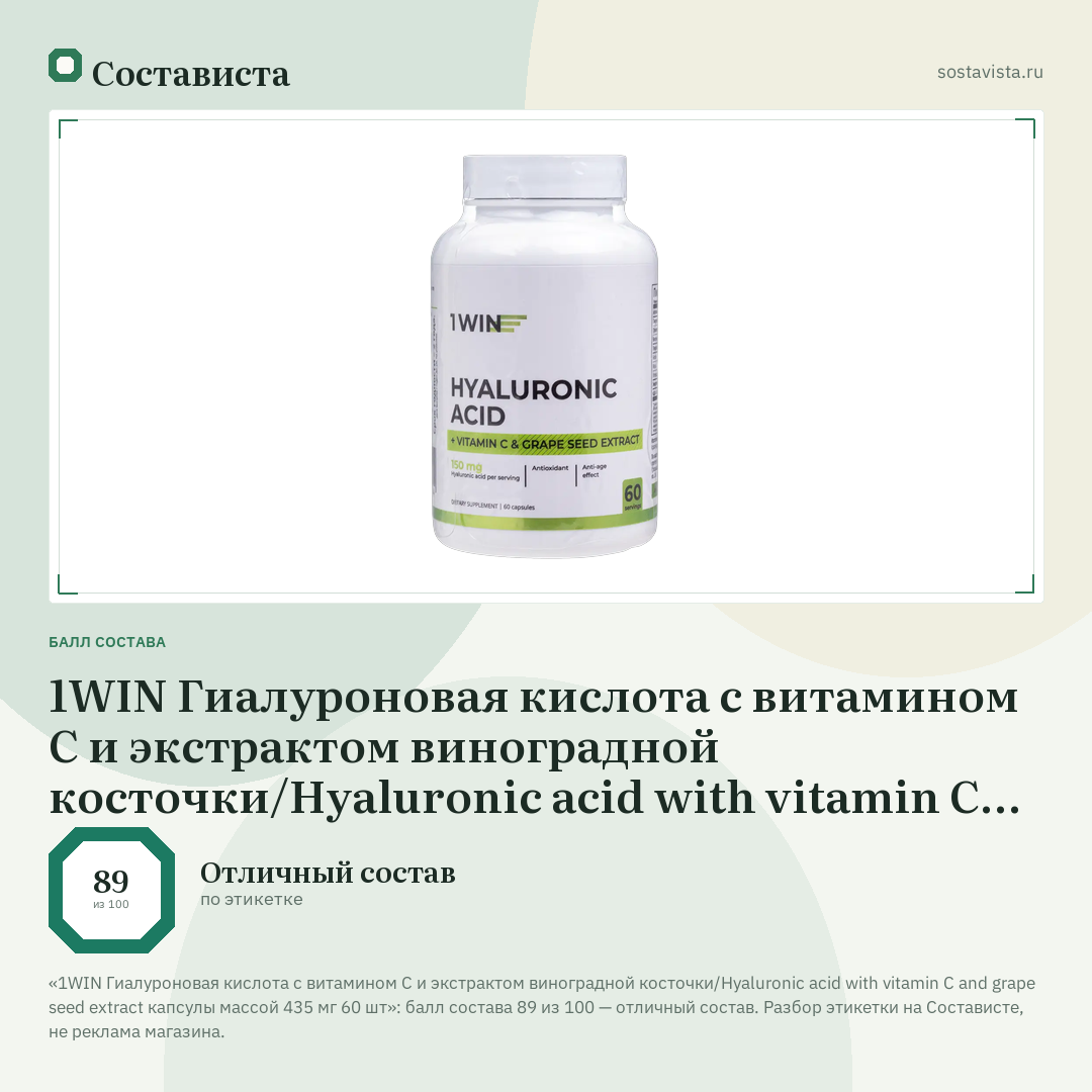 1WIN Гиалуроновая кислота с витамином С и экстрактом виноградной косточки/Hyaluronic acid with vitamin C and grape seed extract капсулы массой 435 мг 60 шт: балл состава 89 из 100 — Состависта