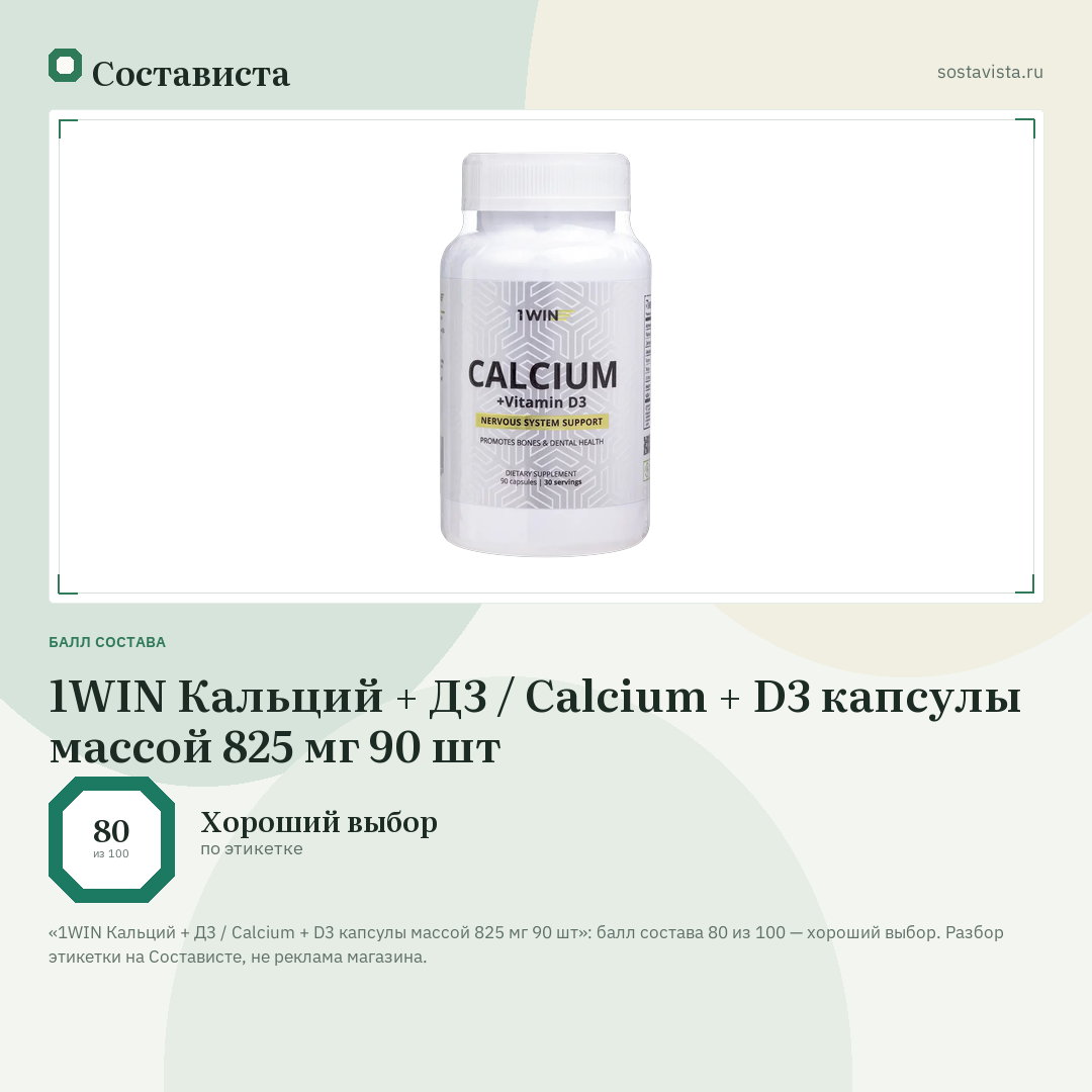 1WIN Кальций + Д3 / Calcium + D3 капсулы массой 825 мг 90 шт: балл состава 80 из 100 — Состависта
