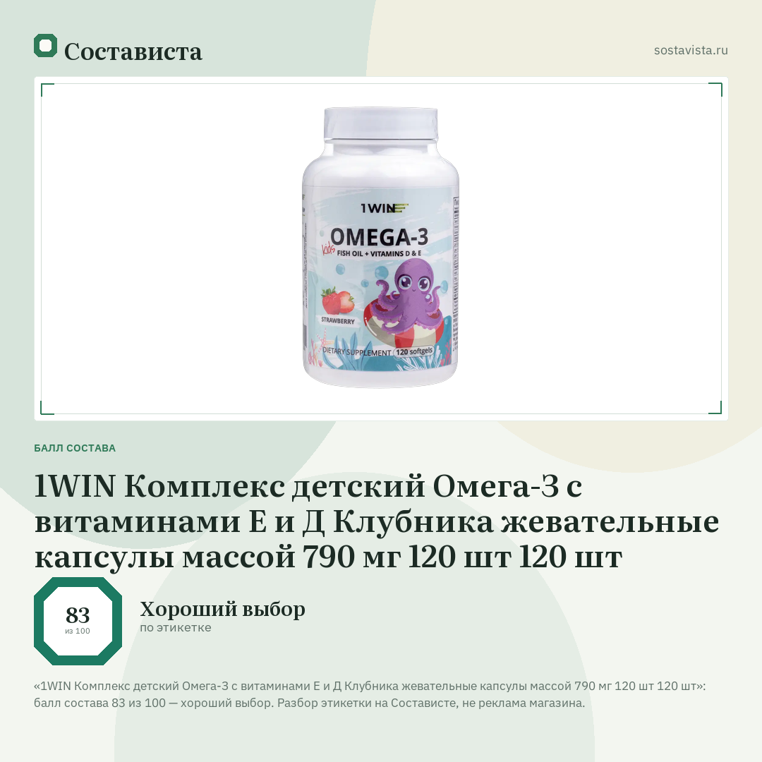 1WIN Комплекс детский Омега-З с витаминами Е и Д Клубника жевательные капсулы массой 790 мг 120 шт 120 шт: балл состава 83 из 100 — Состависта