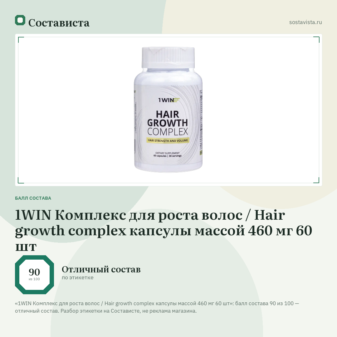 1WIN Комплекс для роста волос / Hair growth complex капсулы массой 460 мг 60 шт: балл состава 90 из 100 — Состависта