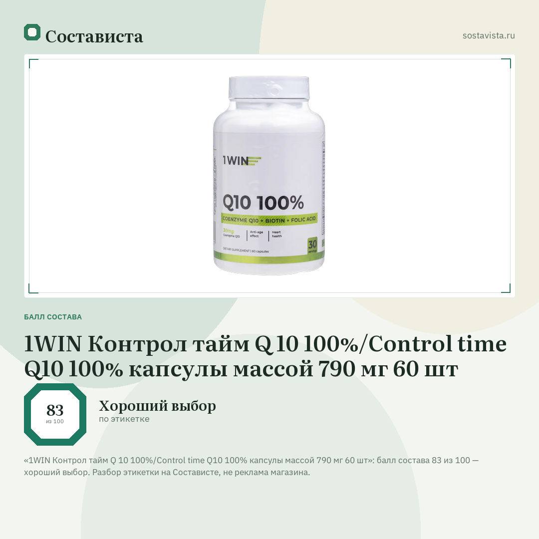 1WIN Контрол тайм Q 10 100%/Control time Q10 100% капсулы массой 790 мг 60 шт: балл состава 83 из 100 — Состависта