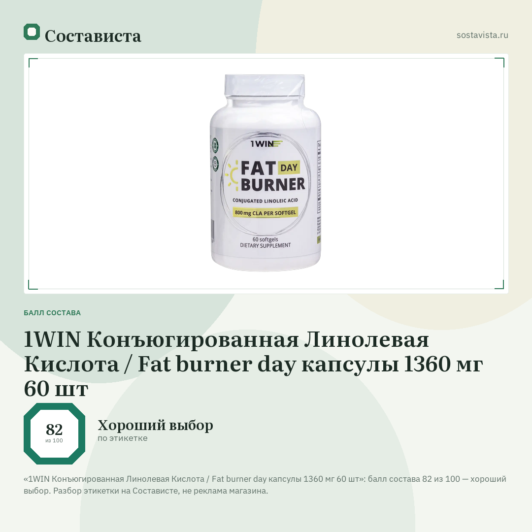 1WIN Конъюгированная Линолевая Кислота / Fat burner day капсулы 1360 мг 60 шт: балл состава 82 из 100 — Состависта