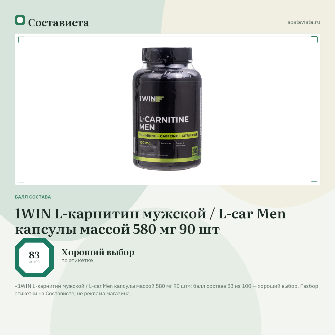 1WIN L-карнитин мужской / L-car Men капсулы массой 580 мг 90 шт: балл состава 83 из 100 — Состависта