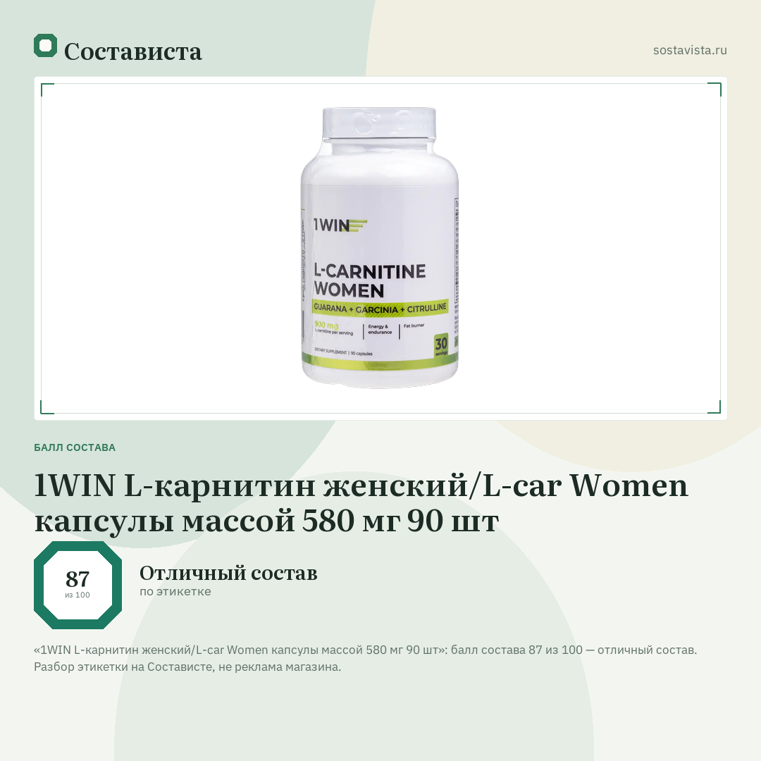 1WIN L-карнитин женский/L-car Women капсулы массой 580 мг 90 шт: балл состава 87 из 100 — Состависта