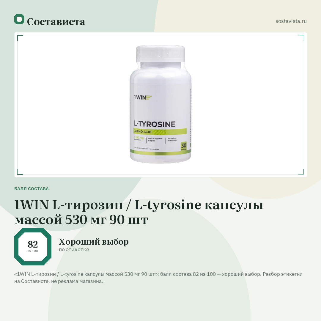 1WIN L-тирозин / L-tyrosine капсулы массой 530 мг 90 шт: балл состава 82 из 100 — Состависта