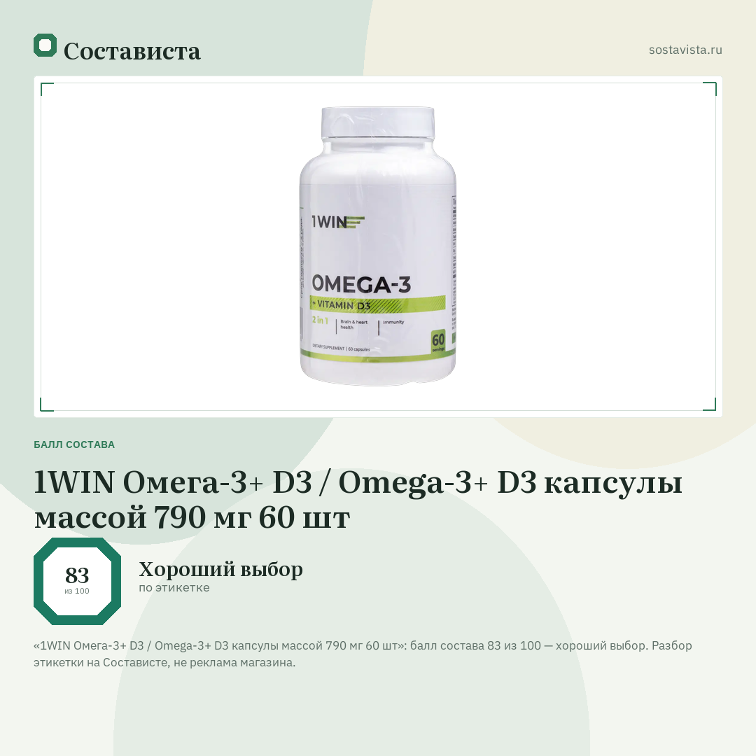 1WIN Омега-3+ D3 / Omega-3+ D3 капсулы массой 790 мг 60 шт: балл состава 83 из 100 — Состависта