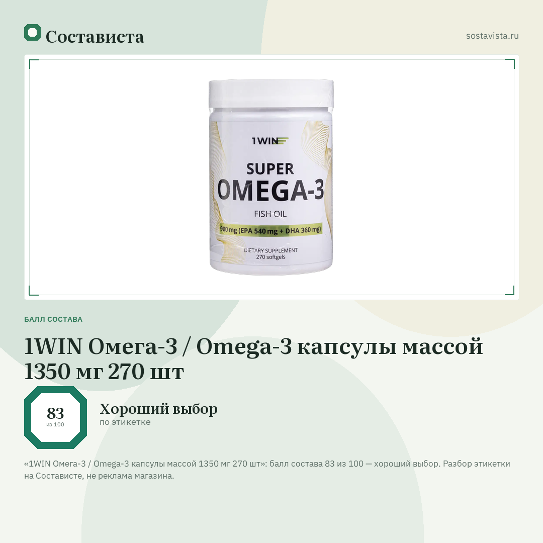 1WIN Омега-3 / Omega-3 капсулы массой 1350 мг 270 шт: балл состава 83 из 100 — Состависта