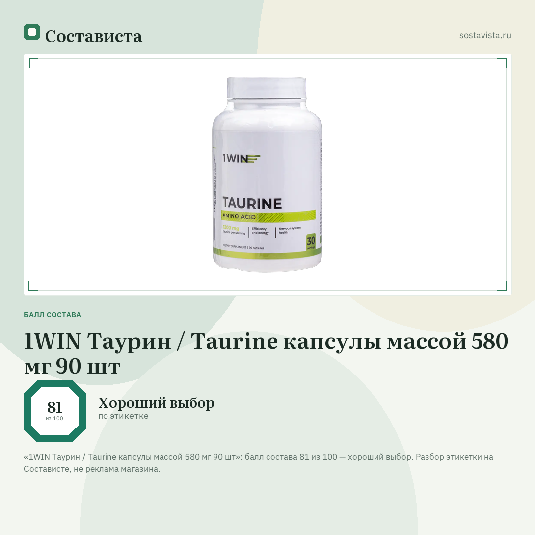 1WIN Таурин / Taurine капсулы массой 580 мг 90 шт: балл состава 81 из 100 — Состависта