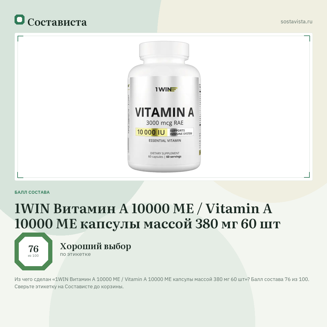 1WIN Витамин А 10000 МЕ / Vitamin А 10000 МЕ капсулы массой 380 мг 60 шт: балл состава 76 из 100 — Состависта