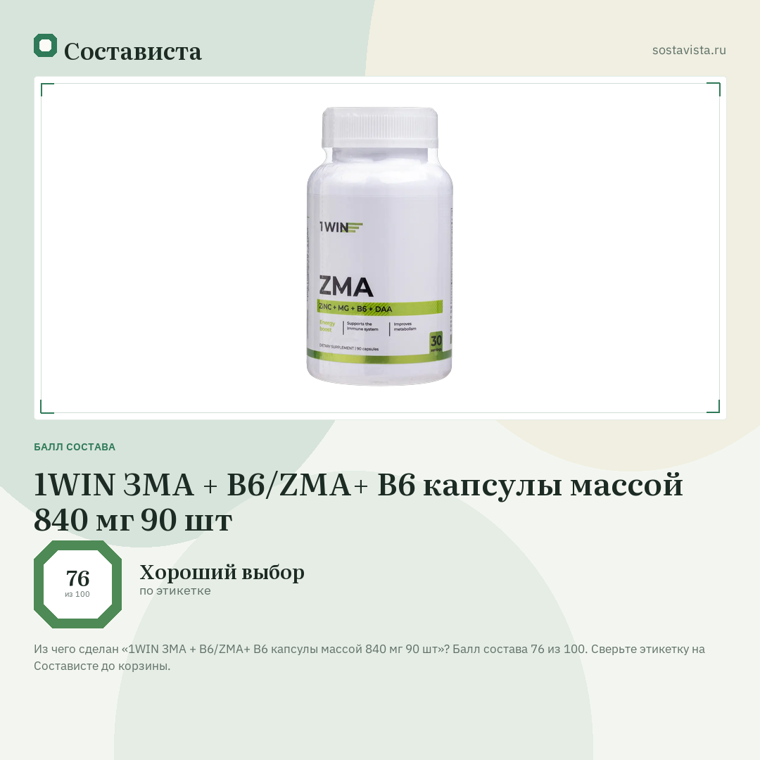 1WIN ЗМА + B6/ZMA+ B6 капсулы массой 840 мг 90 шт: балл состава 76 из 100 — Состависта