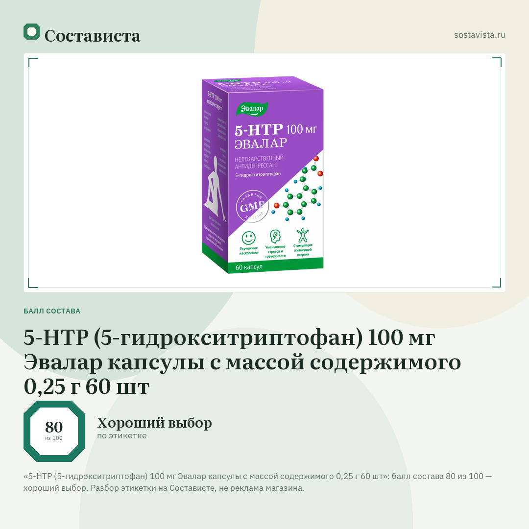 5-НТР (5-гидрокситриптофан) 100 мг Эвалар капсулы с массой содержимого 0,25 г 60 шт: балл состава 80 из 100 — Состависта