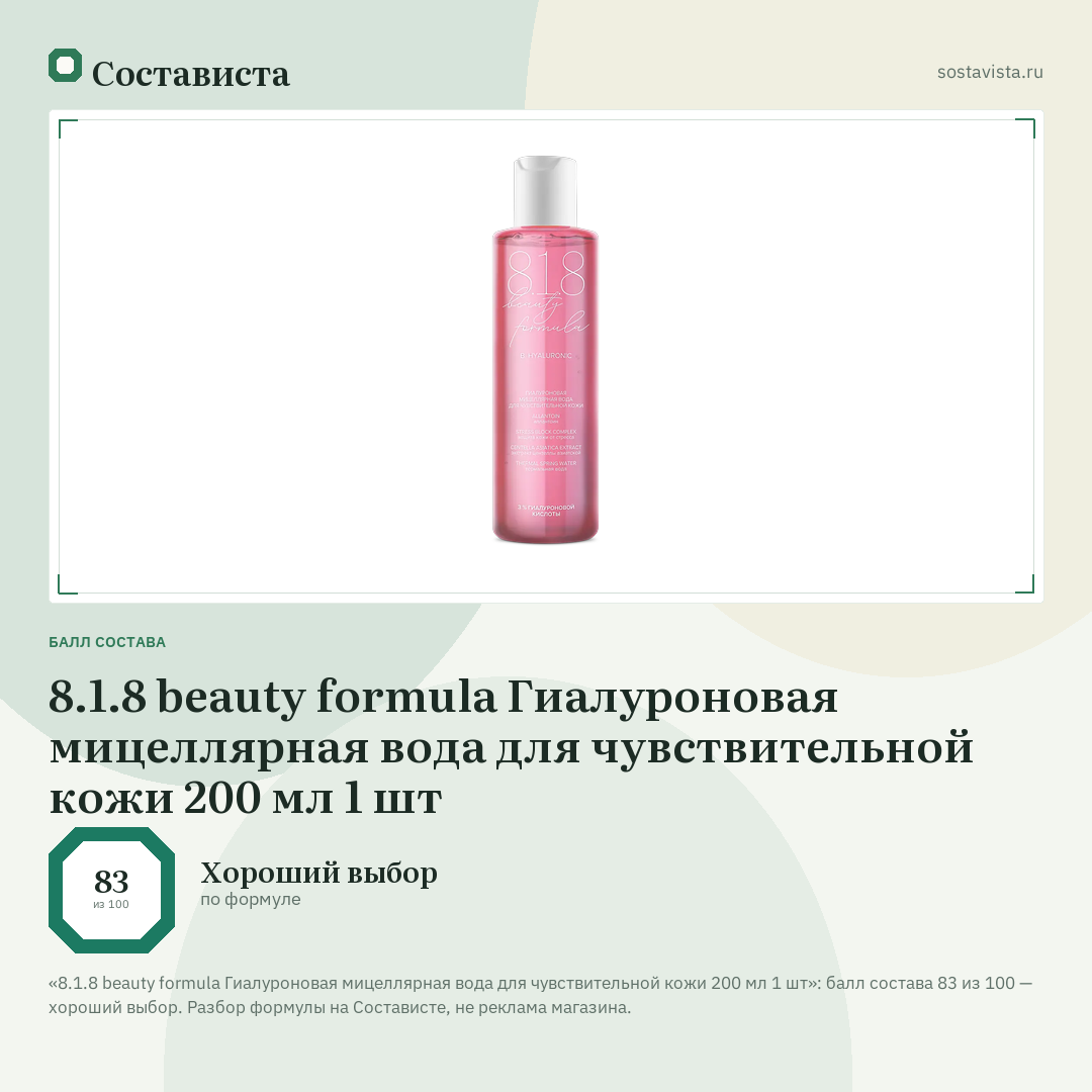 8.1.8 beauty formula Гиалуроновая мицеллярная вода для чувствительной кожи 200 мл 1 шт: балл состава 83 из 100 — Состависта