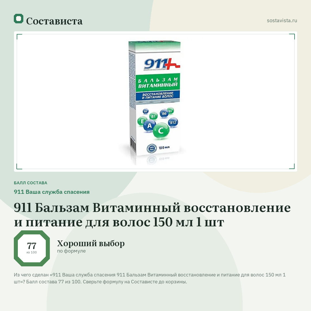 911 Ваша служба спасения 911 Бальзам Витаминный восстановление и питание для волос 150 мл 1 шт: балл состава 77 из 100 — Состависта