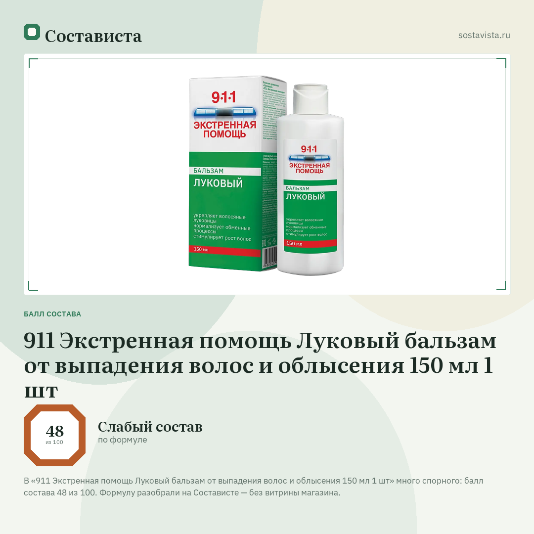 911 Экстренная помощь Луковый бальзам от выпадения волос и облысения 150 мл 1 шт: балл состава 48 из 100 — Состависта