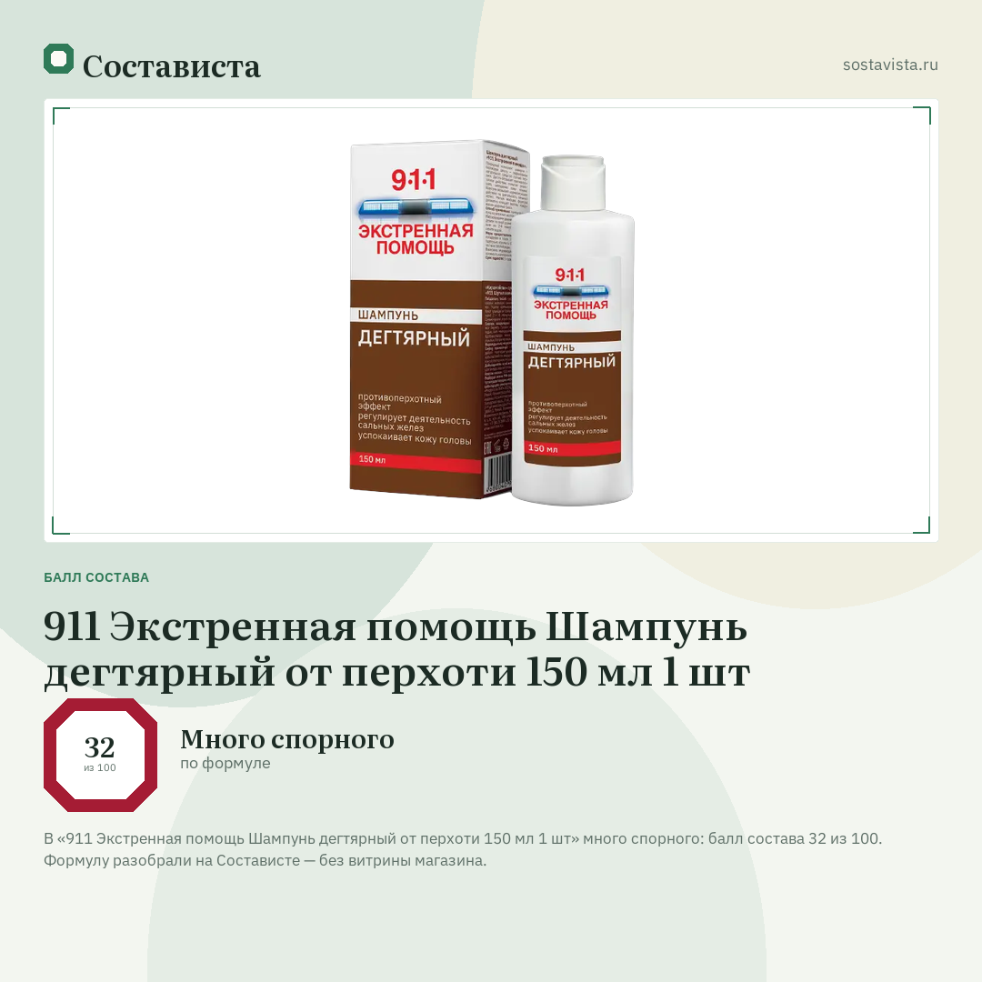 911 Экстренная помощь Шампунь дегтярный от перхоти 150 мл 1 шт: балл состава 32 из 100 — Состависта
